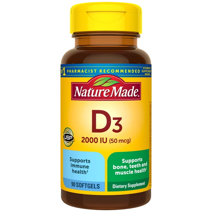 Nature Made Vitamin D3 2000 IU (50 mcg) softgels bottle, 90 count